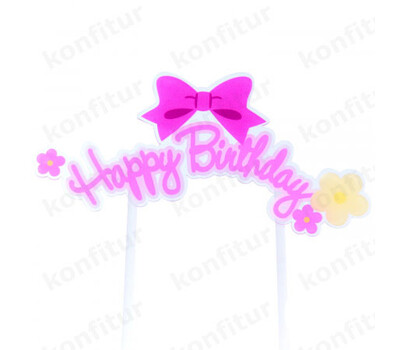Топпер «Happy Birthday» прозрачный с розовым бантиком