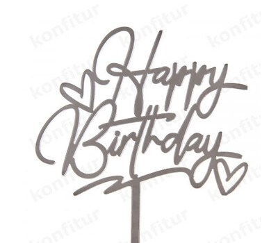 Топпер «Happy Birthday» серебряный с сердечками