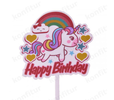 Топпер цветной «Happy Birthday» единорог (звездочки, сердечки)